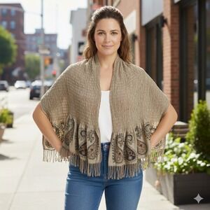 Unique Scarf Wrap Ruched Smocked Paisley Woven Design Bead Tan Beige Brown Black